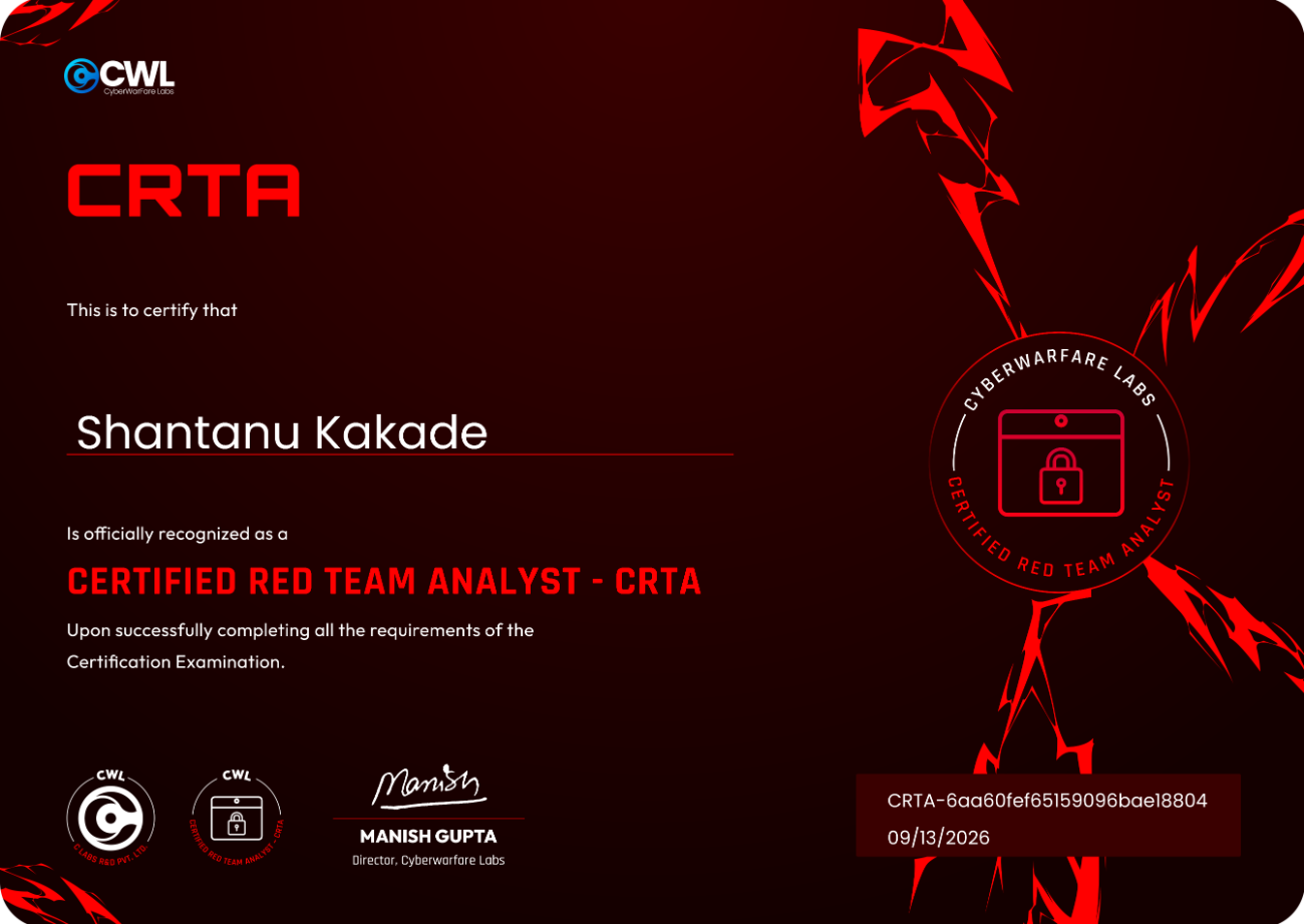 CRTA — Certified Red Team Analyst certificate awarded to Shantanu Kakade