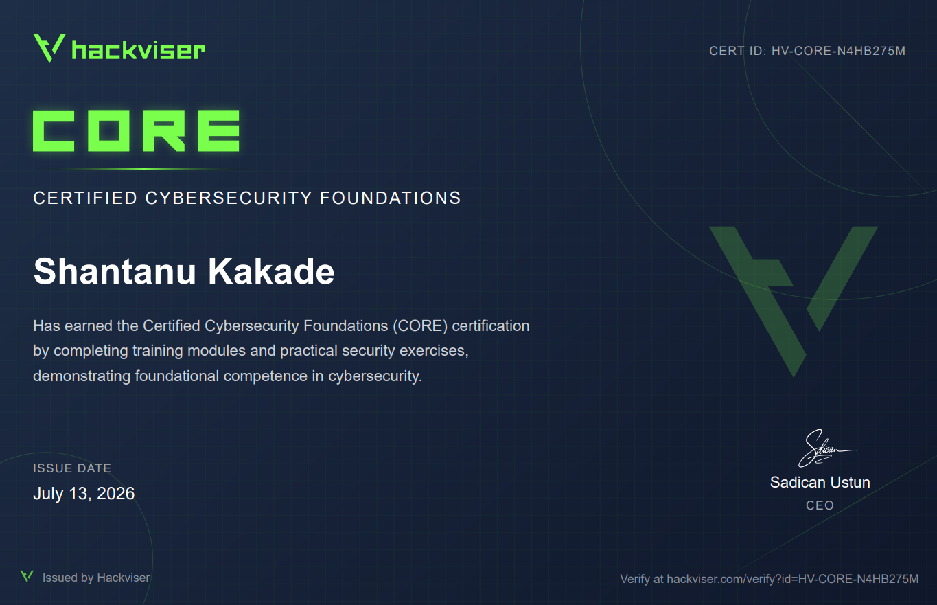 Hackviser CORE — Certified Cybersecurity Foundations certificate